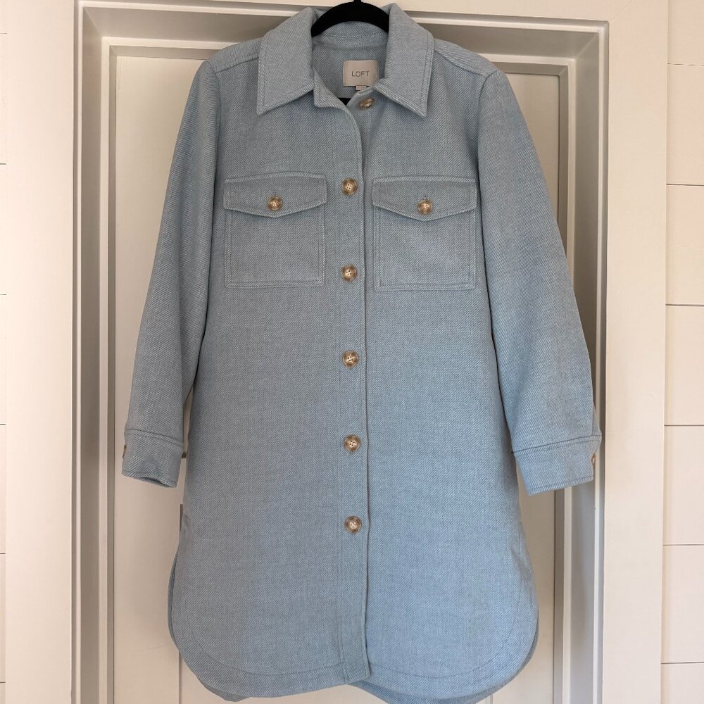 Loft Women’s Long Coat Shirt Jacket Button Down Sky Blue Small